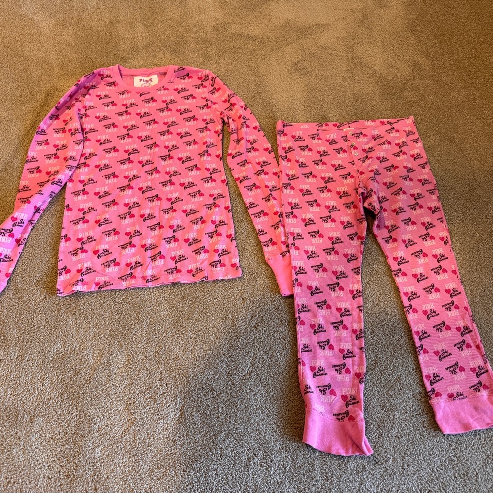 Victorias Secret Pink Thermal Legging Top shirt Set Large Ski Bunnies vintage